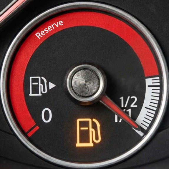 Fuel gauge with an overly large 'reserve' area. The by far smallest part makes up the actual fuel meter