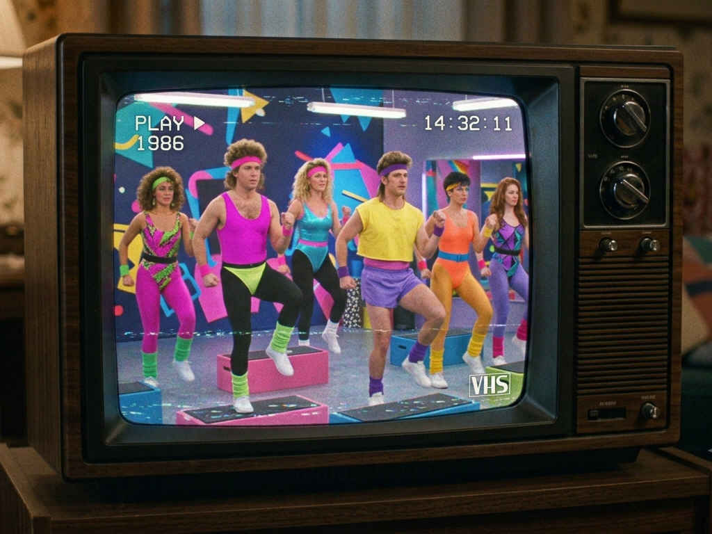 ein alter Fernseher auf dem ein VHS-Aerobic-Video abgespielt wird. 6 TänzerInnen, alle in unterschiedlicher neonfarbiger Kleidung