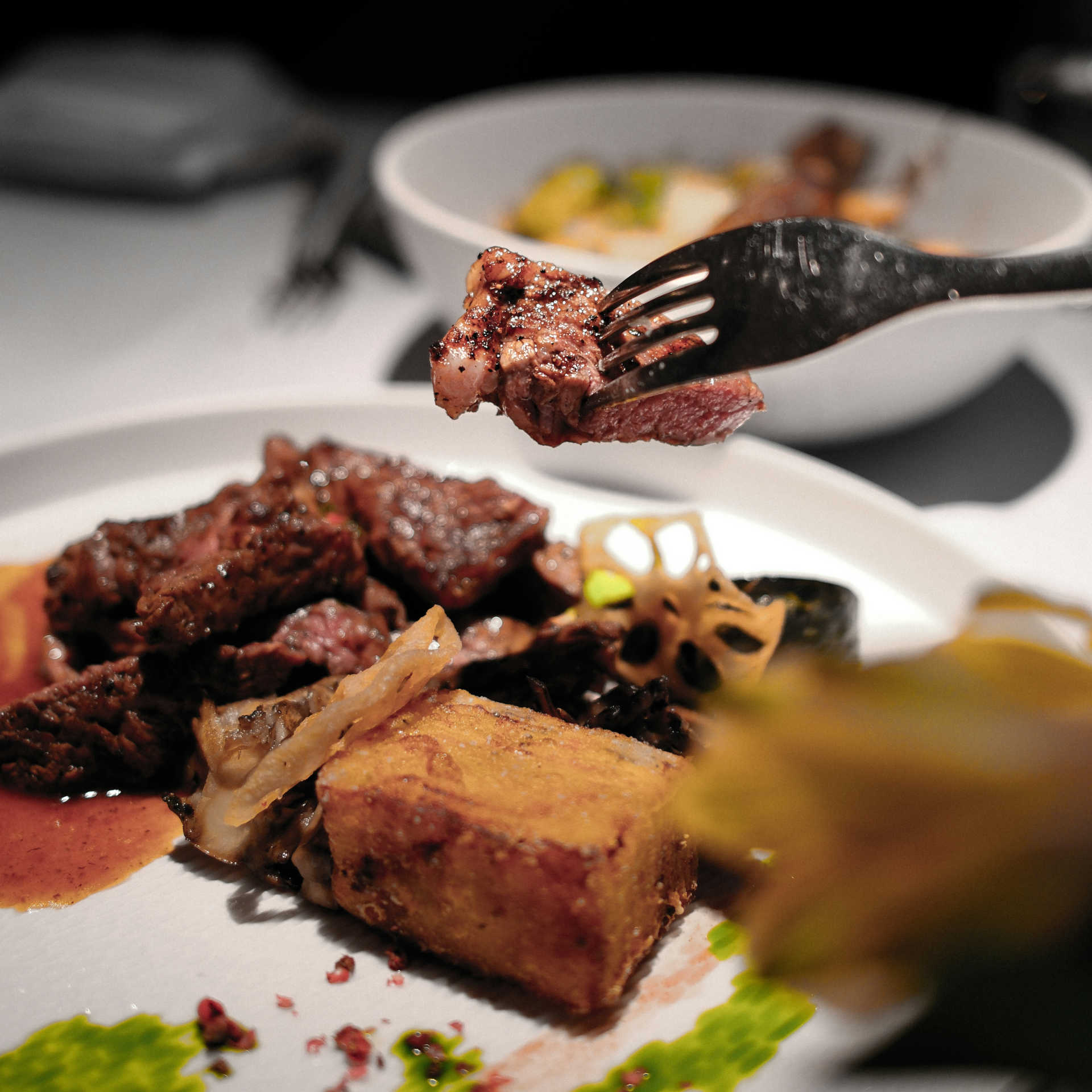 Meat and tofu on a plate, and a fork picking up meat (credits on the linked page)